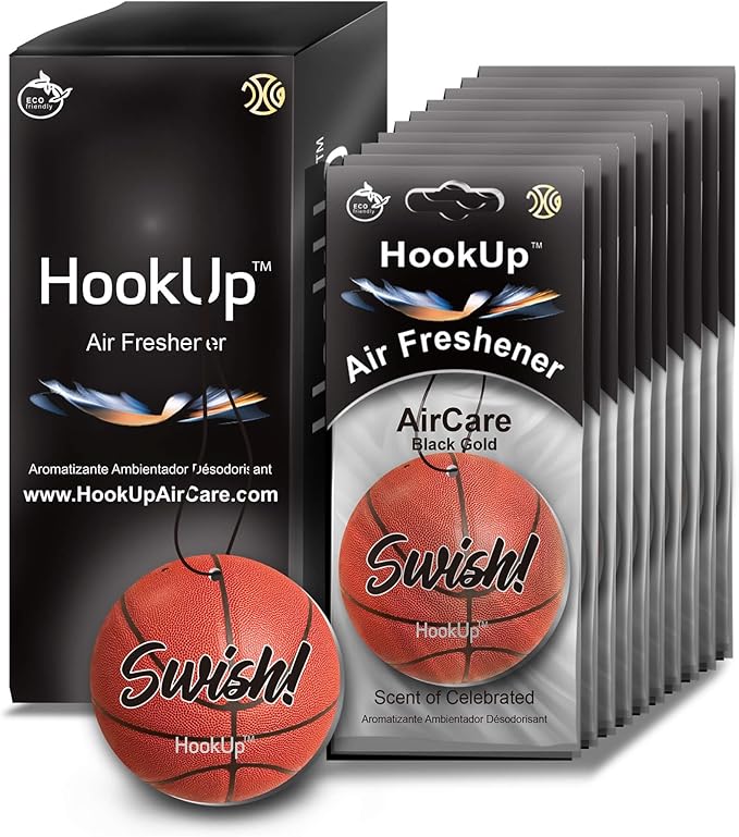 Basketball Car Air Freshener by HookUp - 10 Pack - Black Gold Scent (Extra Strong) | Unique Basketball Gift for Players, Coach, Fans | Hanging Car Accessory with Long Lasting Fresheners Smell