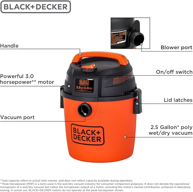 BLACK+DECKER 2.5 Gallon Shop Vac, 3 HP Wet Dry Vacuum with Powerful Suction, Portable for Garage Car and Home Use, Pet Hair Cleaning, Accessories Included, BDXV18134PA