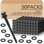 Tandefio 50 Pack 3/8''x 5'' Ceramic Black Lag Screw Kit with Washers Hex Lag Bolts Wood Screws Heavy Duty Hot Dip Galvanized Double Layer for Wood Decks Fences