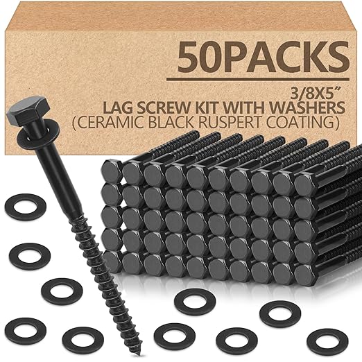 Tandefio 50 Pack 3/8''x 5'' Ceramic Black Lag Screw Kit with Washers Hex Lag Bolts Wood Screws Heavy Duty Hot Dip Galvanized Double Layer for Wood Decks Fences