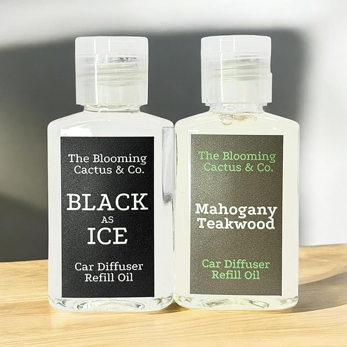 1 OZ Premium Car Diffuser Refill Oil – 2 Pack Long Lasting Fragrance Oil for Car, Home & Office | Compatible with Most Diffusers | Fresh, Pleasant Scent for Every Space (Black Ice + Mahogany Teakwood)