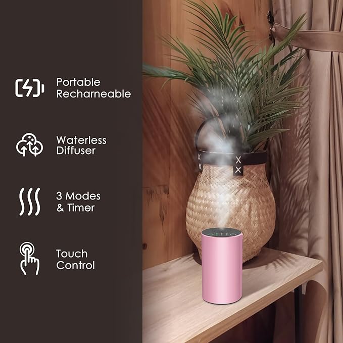 Waterless Essential Oil Diffuser, 7 Colors LED Light, Battery Powered Mini Scent Air Machine, Aromatherapy Mist Diffuser for Home Room Car Office (Pink)