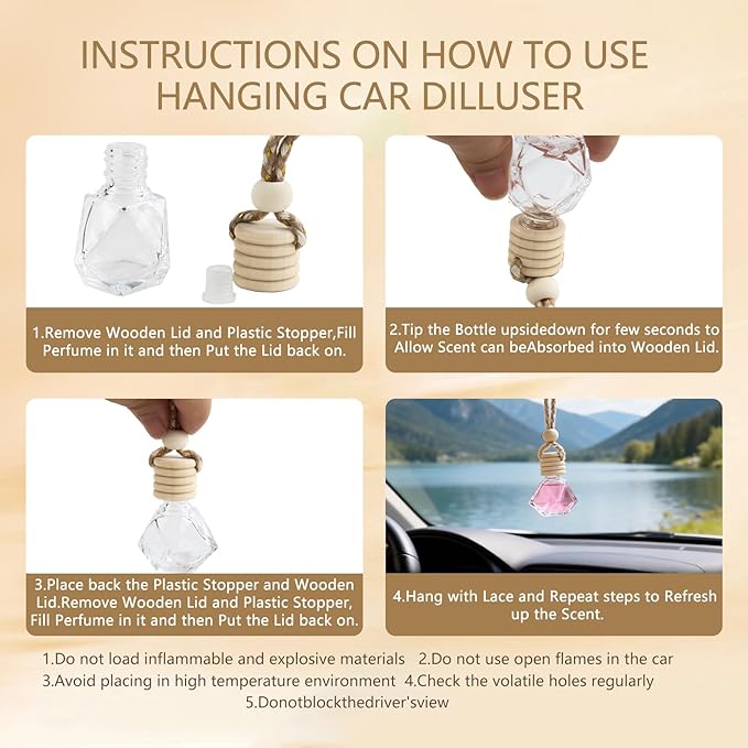 15 Sets Car Air Freshener Hanging Diffusers with Empty Glass Perfume Bottles Essential Oil Fragrance Pendants Instruction Cards Organza Storage Bags for Vehicle Home Closet (Diamond)