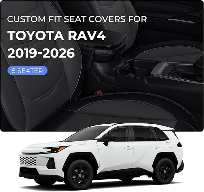 1:1 Custom Car Seat Covers Fit for Toyota RAV4 2019 2020 2021 2022 2023 2024 2025 2026 LE/XLE/XLE Premium/Limited (NOT for Hybrid) Full Set Faux Leather Waterproof Seat Protectors(5-Seat, Black&Grey)