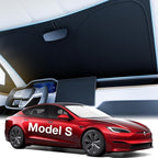 2026 Upgraded Accessories Tesla Model S Windshield Sunshade [Ice Shield Tech Fabric, 100% Sun Blockage], Foldable Heat Insulation Sunshade with Storage Bag, for Tesla Model S 2016~2026, Silver Coating