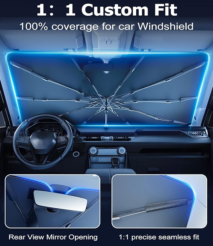 DMJN Umbrella Windshield Sun Shade for Toyota Tacoma, Car Sunshade for Front Windshield [Nano Ice-Crystal Coatings] UPF50+ Heat & UV Block, Protect Interior & Keep Cooler