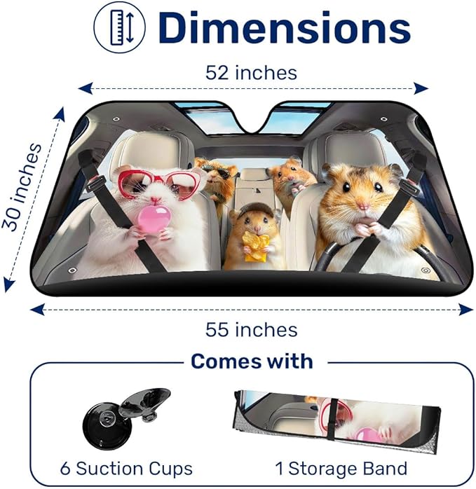 GENANY Cute Hamster Windshield Sun Shade for Car SUV Truck (64x32 Inches), Sun Shade Windshield, Shades for Front Windows, Protector Blocks UV, Xmas Auto Gifts, Spring Car Decor