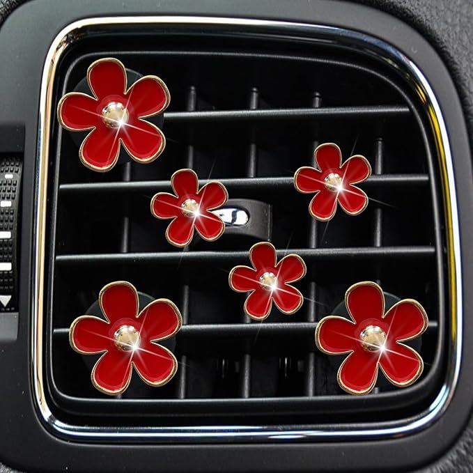 Daisy Air Vent Clips, 6 Pcs Cute Flower Car A/C Outlet Clip - Colorful Car Air Freshener Clip Charm - Interior Decor for Girls (Red)