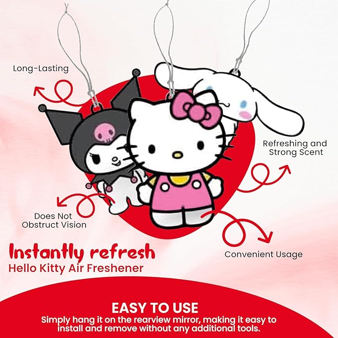 Hello Kitty Air Freshener | Cinnamoroll, Kuromi, & Kawaii Kitty Air Freshner | Car & Home Use | Strawberry Scented | 3-Pack | Officially Licensed