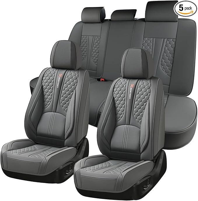Car Seat Cover Set, Gray Automotive Interior Accessories, with Lumbar Support, Premium Nappa Leather, Waterproof, Non-Slip, Easy Installation, Universal Fit, Airbag Compatible