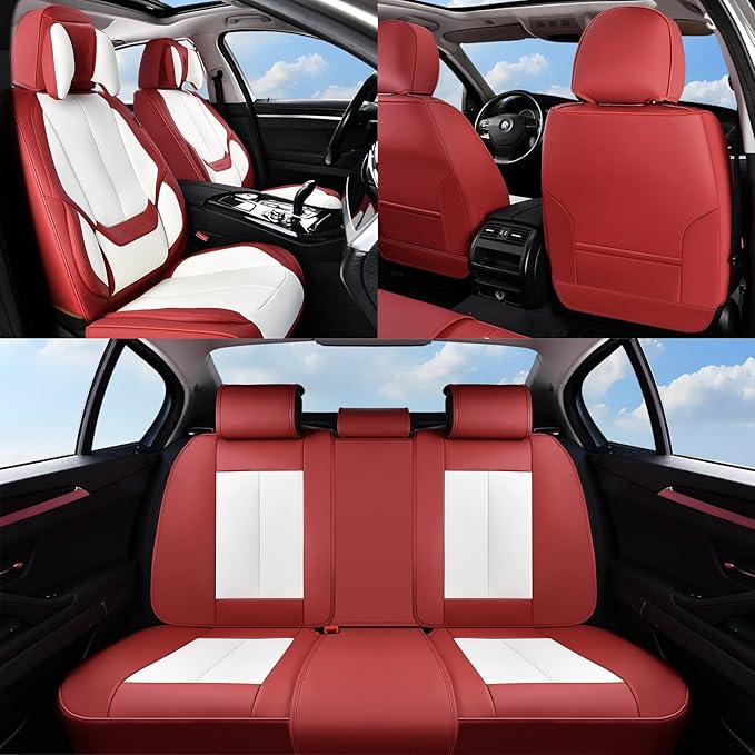 Coverado Seat Covers, Car Seat Covers Front Seats, Car Seat Cover, Car Seat Protector Waterproof, Seat Cushion Nappa Leather with Head Pillow, Carseat Cover Universal Fit for Most Cars (Red&White)