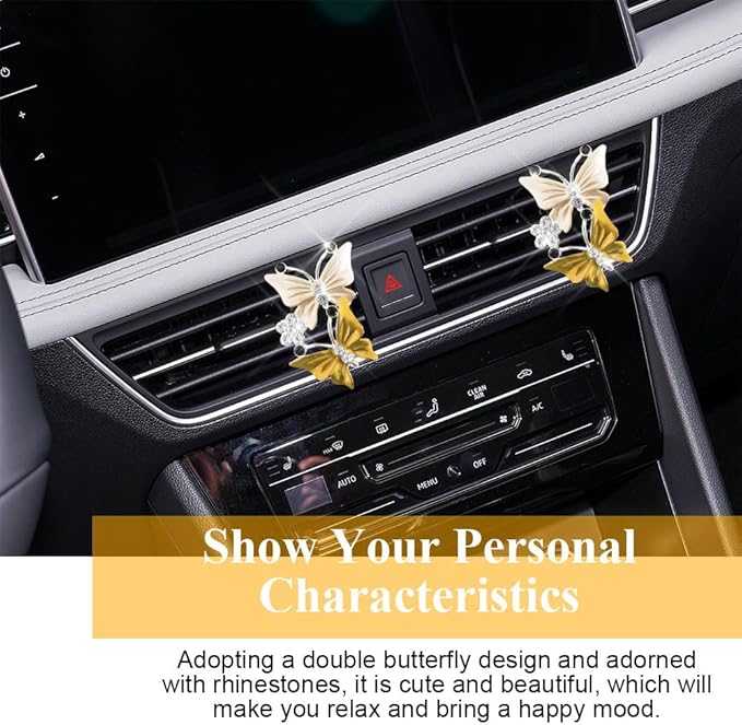 2PCS Car Air Fresheners Vent Clips, Butterfly Car Accessories, Sparkly Bling Dual Butterfly Auto Air Vent Clips, Automotive Cute Air Conditioning Outlet Decoration Universal for Women Girl