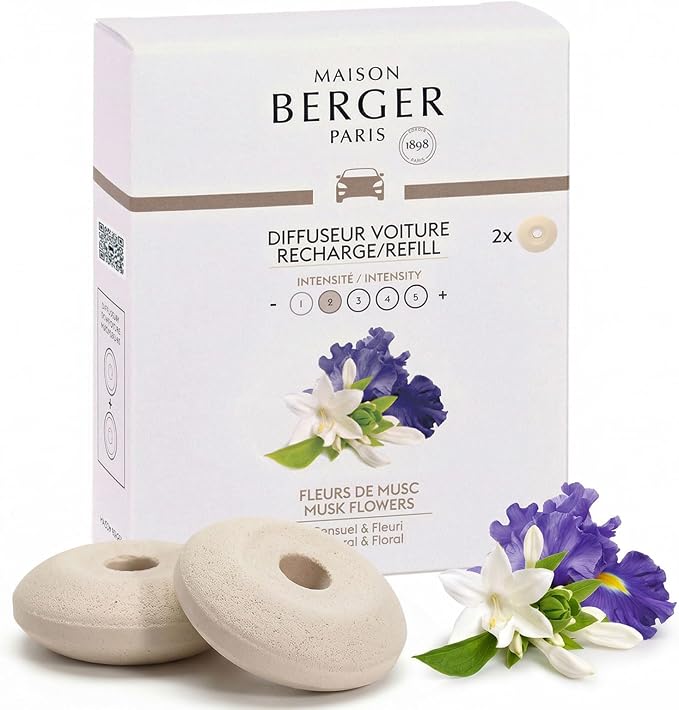 Maison Berger Luxury Car Diffuser Refill Set – Ceramic Inserts for Vent Clip Diffusers, 4-Week Passive Diffusion, Premium In-Car Fragrance Refill, Made in France (Musk Flowers)