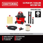 CRAFTSMAN CMXEVBE17584 6 Gallon 3.5 Peak HP Wet Dry Vac, Portable Shop Vacuum Wet and Dry with Filter, Dust Bag, Hose and Attachments for Home, Garage and Automotive Cleaning