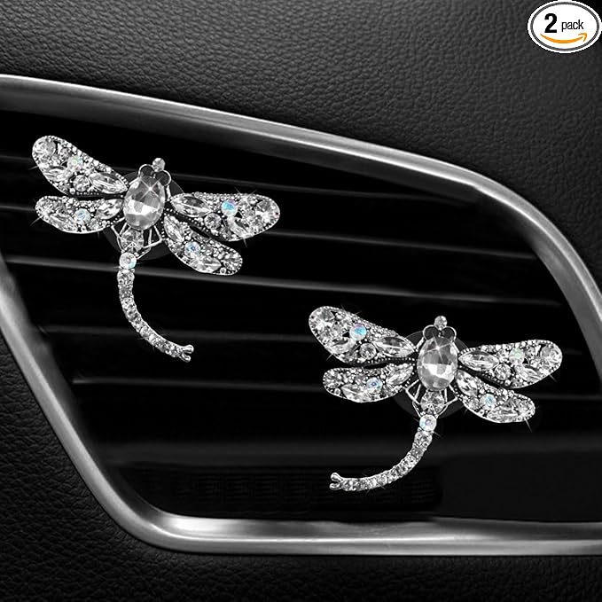 2PCS Bling Dragonfly Car Air Vent Clips, Crystal Rhinestone Car Air Conditioning Outlet Clip, Universal Cute Vehicle Interior Diffuser Decoration Accessories for Women(White)
