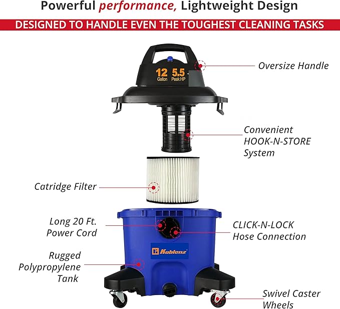 Koblenz Wet-Dry Vacuum, 12 Gallon Tank, 5.5 HP Vacuum Cleaner with 2-1/2" in x 7' Locking Hose, with a Blower Function, Blue/Black, 5 Year Warranty, with Included Accessories, WD-12 L4