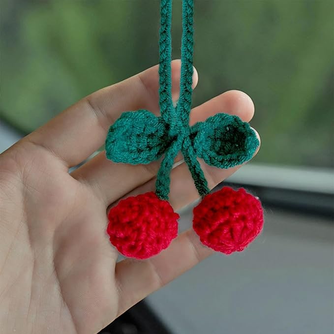 Rhinestone Cherry Air Vent Freshener Clips & Crochet Rear View Mirror Hanging Ornament,Car Decor Set, for Women Girls, for Cars, SUV, Trucks