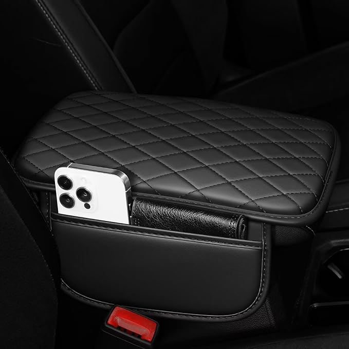 Upgraded Car Center Console Cover Fit for Avalon Faux Leather Car Armrest Cover Cushion with 2 Storage Bags,Car Armrest Storage Box Interior Accessories(Black)