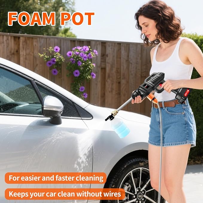 Papasbox Cordless Pressure Washer with Foam Cannon, 60 Bar 1500W High Pressure Washer, 2×2.0Ah Batteries & 5m Hose, Portable Power Washer for Car Cleaning, Home, Garden, and Outdoor Use