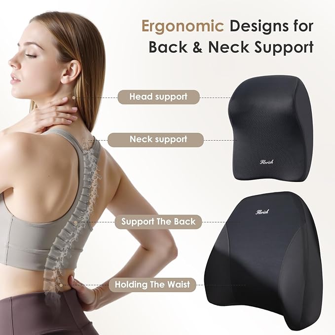 FLORICH Upgraded 3-in-1 Memory Foam Car Seat Cushion Set with Lumbar Support & Neck Pillow, Washable Driving Seat Cushion for Back & Sciatica Pain Relief, Non-Slip Seat Cushion for Car, Office-Black
