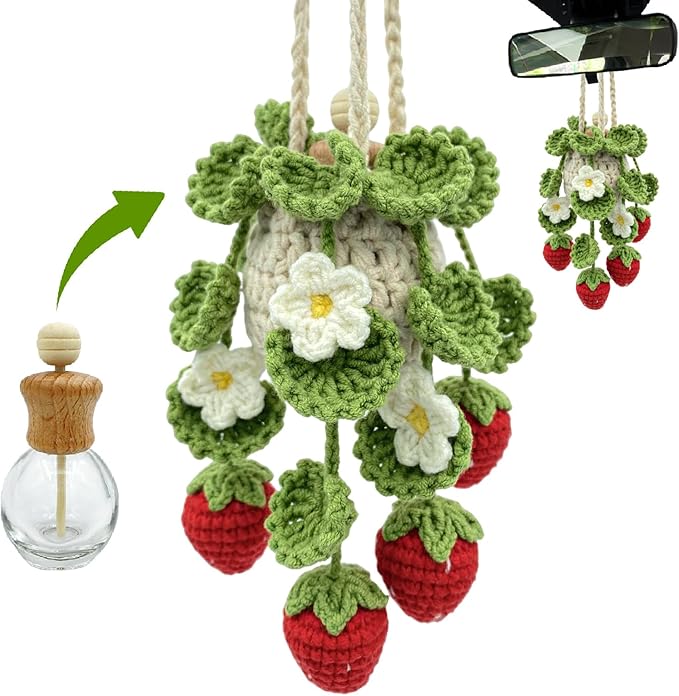 Crochet Car Air Freshener, 15ml Empty Refillable Oil Diffuser Bottle with Hanging Crochet Strawberry Plant for Car Rearview Mirror Air Freshener Diffuser for Home, and Office Decor