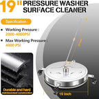 19" Pressure Washer Surface Cleaner with 4 Wheels - Stainless Steel Surface Cleaner for Pressure Washer Attachment for Concrete, Patio, Sidewalk, Deck, Driveways and Daily Washing - PWS 19