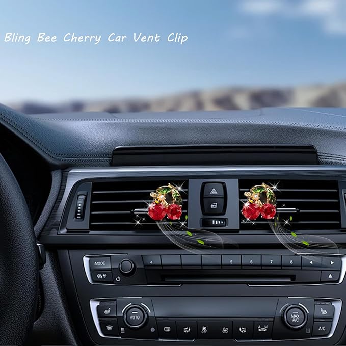 Cherry Car Decor,2pcs Bee Leaf Cherry Car Air Freshener Vent Clips,Cute Retro Sweet Themed DashBoard Decoration Accessories for Women Teens,Refillable Aroma Diffuser