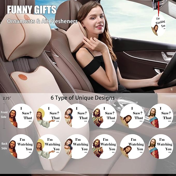 Funny Car Air Fresheners Hanging Christmas Tree Ornaments Decorations I Saw That Jesus 6PCS, Cute Home Mirror Decor Unique 2025 Gifts Accessories Interior for Men Women Kid Boy Girl Family Party