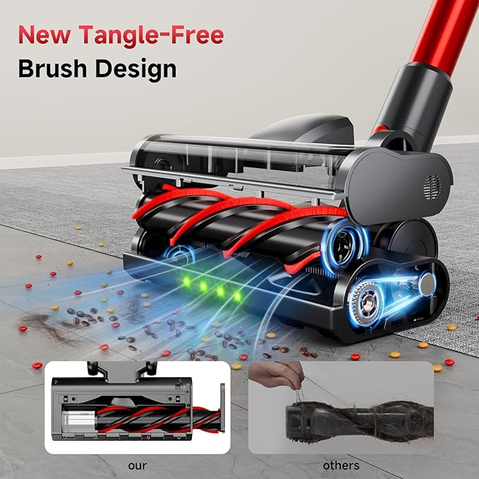 Cordless Stick Vacuum Cleaner, 40Kpa Powerful Suction Vacuum Cleaner with LED Headlight, Detachable Battery, 8-in-1 Lightweight Handheld Vacuums for Pet Hair Carpet and Hardwood Floor, Red