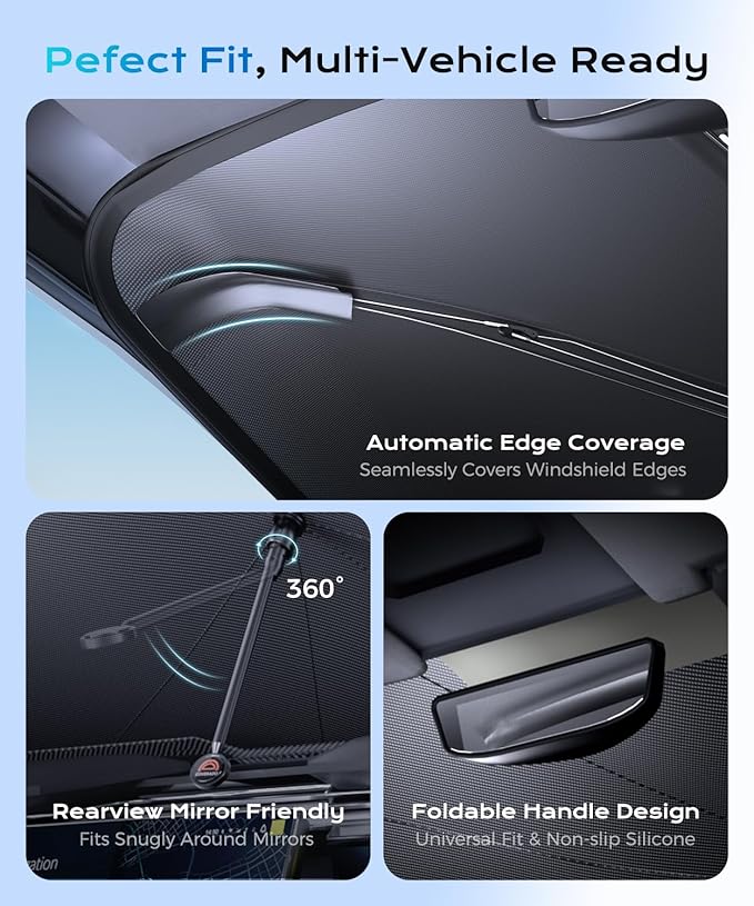 [2025 Upgrade] Coverado Windshield Sun Shade, UPF80+ Sunshade for Car Windshield Blocks Heat & UV Rays, Thickened Vinyl Coating Keep Cool Protect Interior, M 57”x32” for Sedans/SUVs