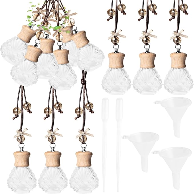 6 Pack Leak-Proof Hanging Car Diffuser - 8ml Refillable Empty Bottles with Wood Caps, 3 Funnels & 2 Droppers - Essential Oil Air Freshener for Car, Home or Office (6, Seashell)