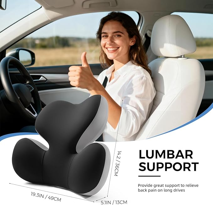 BEBAS Lumbar Support Pillow for Car, Ergonomic Memory Foam Back Cushion for Driving, Lower Back Support for Pain Relief, Lumbar Cushion for Car Seats, Office Chairs, Wheelchairs - Blackgray