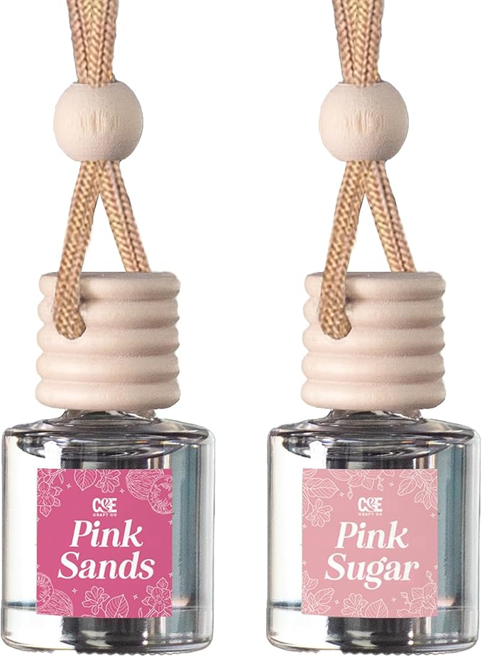 C&E Craft Co Hanging Car Air Freshener Diffuser 2 Pack, Long Lasting Fragrance Oil Car Freshener, Glass Bottle Auto Air Freshener, Made in USA (Pink Sugar + Pink Sands)