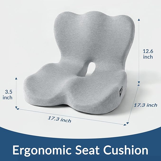 Exclusivo Mezcla Memory Foam Seat Cushion, Ergonomic Tailbone Pain Relief Cushions, Non-Slip Seat Pad for Office Chair and Car Seat, Light Grey