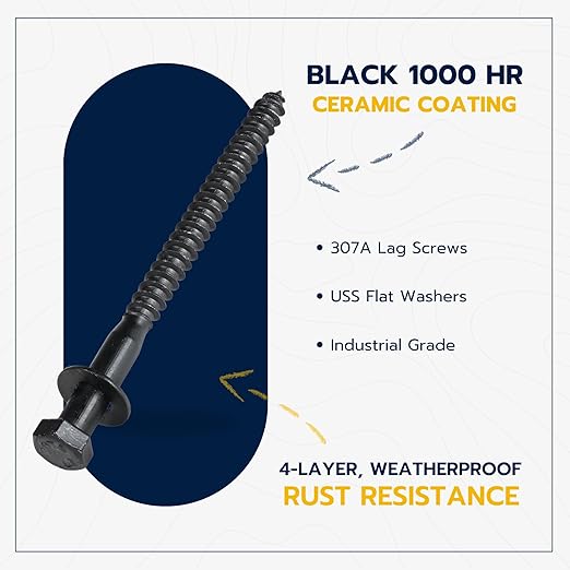 3/8 x 5 (50 Pack) Lag Screw Kit, 50 Screws and 50 Washers, Ceramic Black Ruspert Coating for Exterior Use, Meets ASTM A307 and ASME B18.2.1, Industrial/Commerical Grade by Makers Bolt
