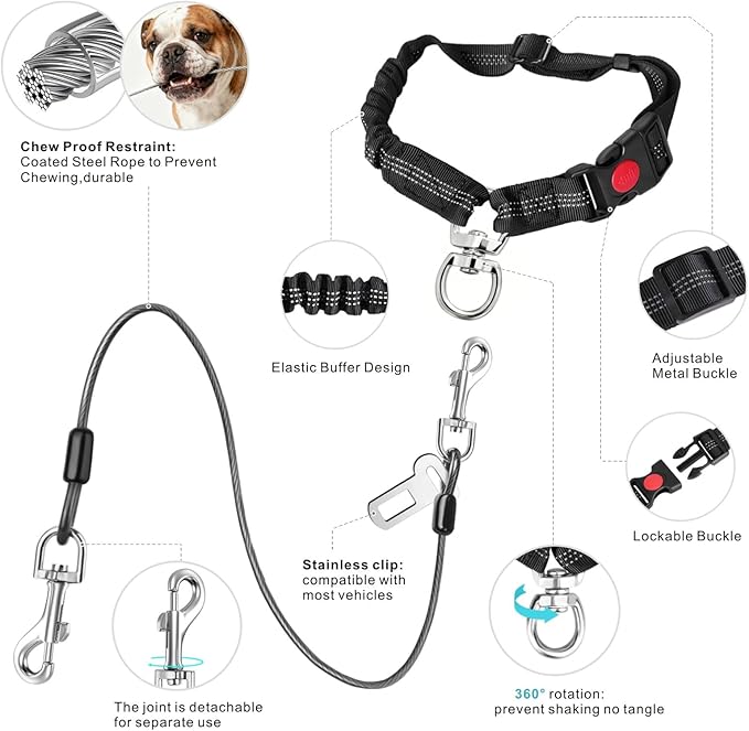 Idepet Dog Seat Belt for Car, 2 Pcs Stainless Steel Chew Proof Dog Seatbelt 3 in 1 Harness for Safety Heavy Duty Pet Seat Belt for Medium & Large Dogs (Black+Black)