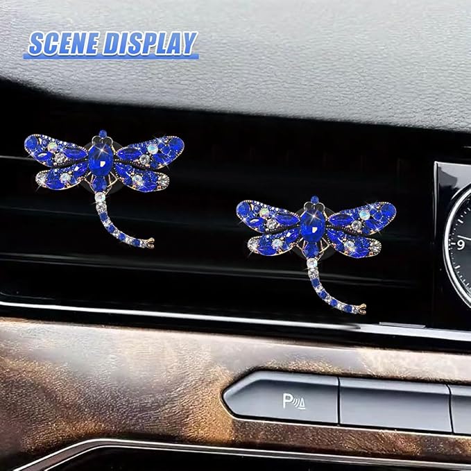 2PCS Bling Dragonfly Car Air Vent Clips, Crystal Rhinestone Car Air Conditioning Outlet Clip, Universal Cute Vehicle Interior Diffuser Decoration Accessories for Women(Blue)