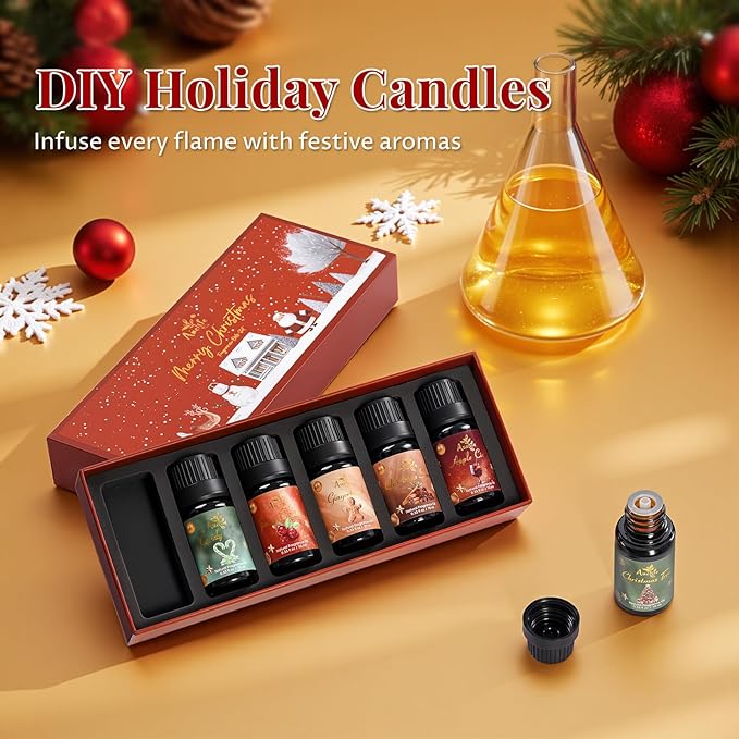 Winter Essential Oil Set | 6 Pack Holiday Fragrance Oils for Diffuser, Candle Making | Christmas Tree, Spice, Gingerbread, Apple Cider, Candy, Cranberry | Aromatherapy Gift Set for Home & Women