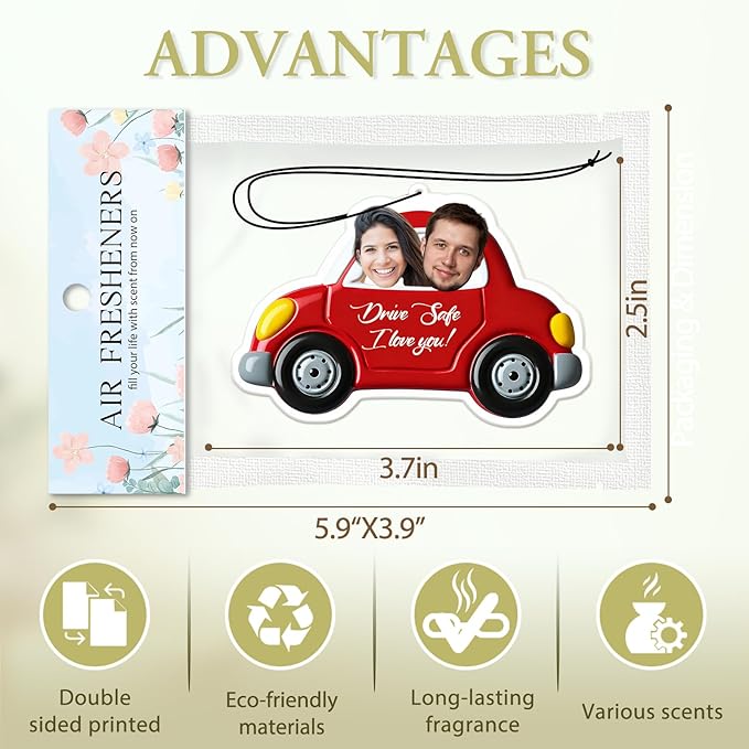Personalized Valentine's Day Car Air Freshener with Pictures, I Love You, Drive Safe, Fun Couple Gift, Hanging 2Pack