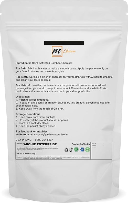 Activated Bamboo Charcoal 100g / 0.22lbs for Teeth Cleaning, Face Masks, Scrubs and Soap Making