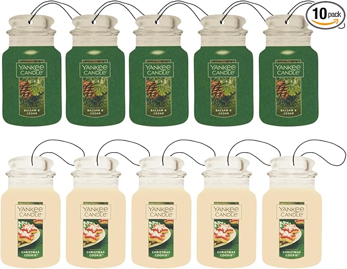 Yankee Candle Paper Car Jar, 5 Balsam & Cedar & 5 Christmas Cookie (Variety Pack)