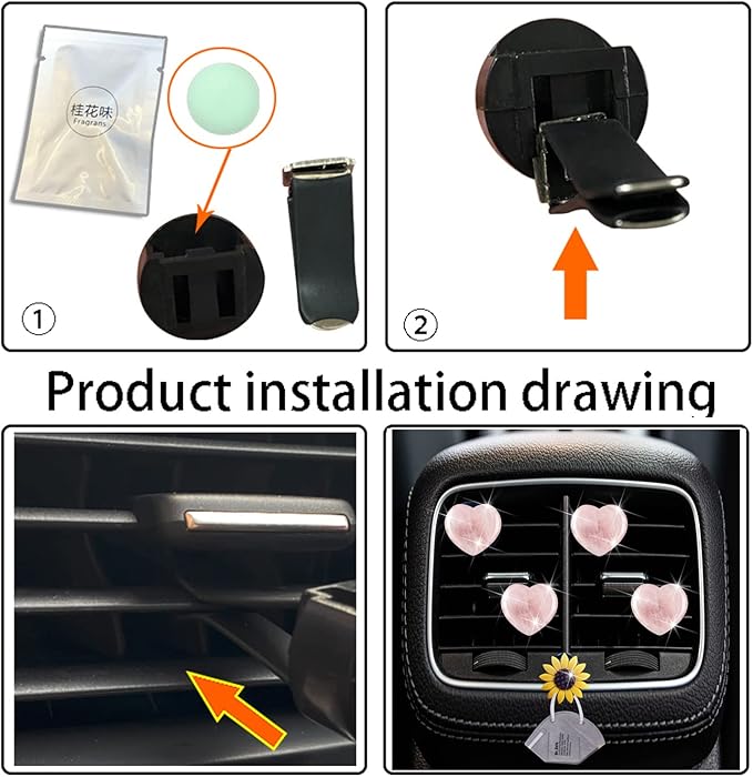 Quartz Heart Air Fresheners, 4 Pcs Pink Heart Style Vent Clips, Cute Car Decoration & Interior Decor Accessories for Women & Men + Sunflower Mask Hook