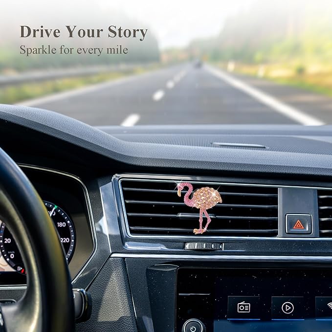 Bling Flamingo Car Air Freshener Vent Clip,Cute Pink Car Accessories,Rhinestone Auto Interior Dashboard Decoration for Women,Refillable Fragrance Diffuser