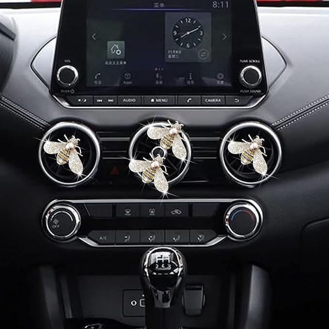 4 Pcs Bling Bee Air Vent Clips, Crystal Bee Car Air Fresheners + Sunflower Mask Hook
