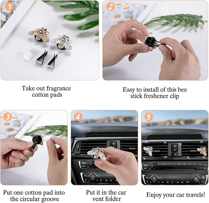 Shiny Bee Car Air Freshener Dashboard Outlet Vent Clips，Pearl Diamond Bee Car Perfume Car Air Conditioner Air Outlet Decoration Aromatherapy Clip，Bling Bee Charms Rhinestone Auto Interior Decorations Accessory