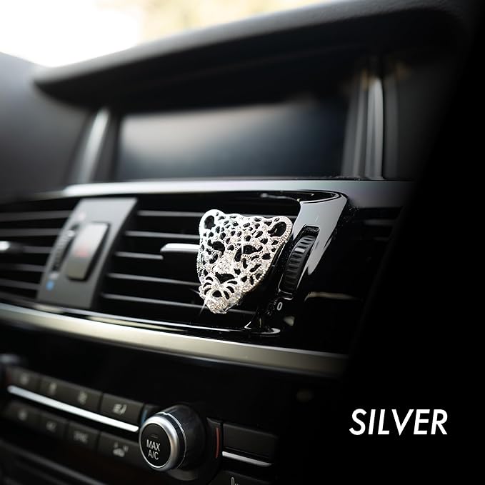 Bling Rhinestone Leopard Head Car Air Freshener Vent Clip, Sparkly Cheetah Print Auto Decoration, Refillable Essential Oil Diffuser, Cute Car Accessories for Women