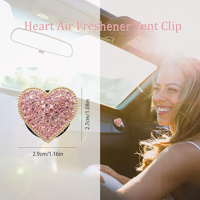 Pink Heart Air Vent Clips Car Air Freshener 2pcs Bling Rhinestone Girly Heart Car Decor for Women Car Interior Decorations