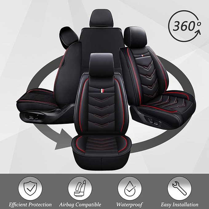 Car Seat Covers 7 Seats for Ford Explorer 2000-2025, Waterproof Durable Compatible Airbag, Premium Leather Seat Protector(7 Seats Standard,Black Red)