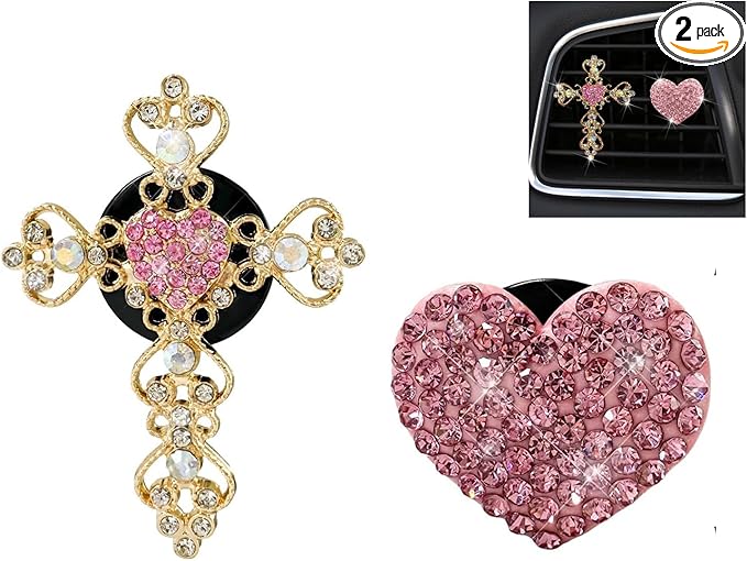 2PCS Bling Car Vent Clip Car Accessories, Crystal Rhinestone Cross and Heart Car Air Fresheners Vent Clips, Diamond Auto Air Conditioner Outlet Decoration Charm for Women