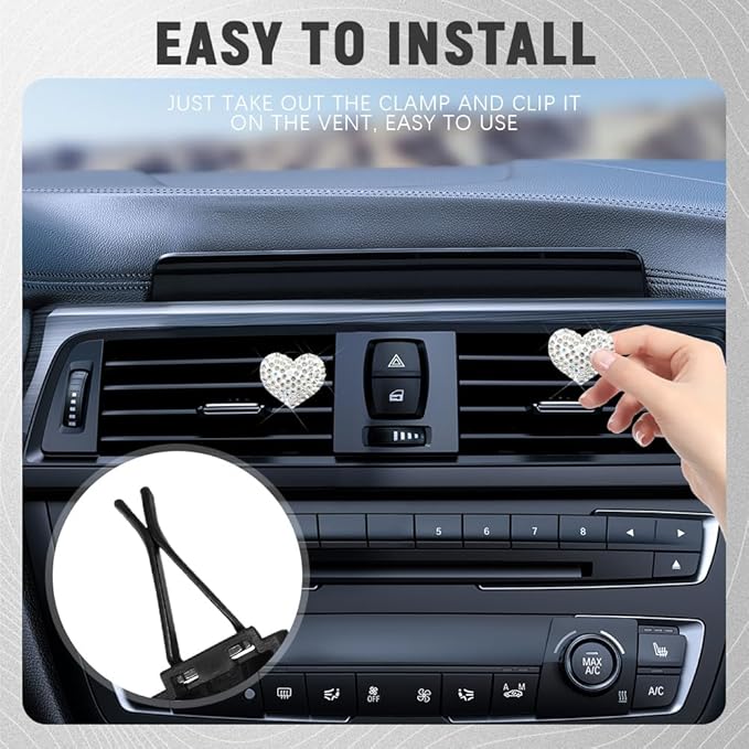 2PCS Bling Heart Air Vent Clips, Heart Shaped Crystal Air Freshener Vent Clips, Rhinestone Air Conditioning Outlet Clip, Universal Interior Decor Car Accessories for Women Girl (White)